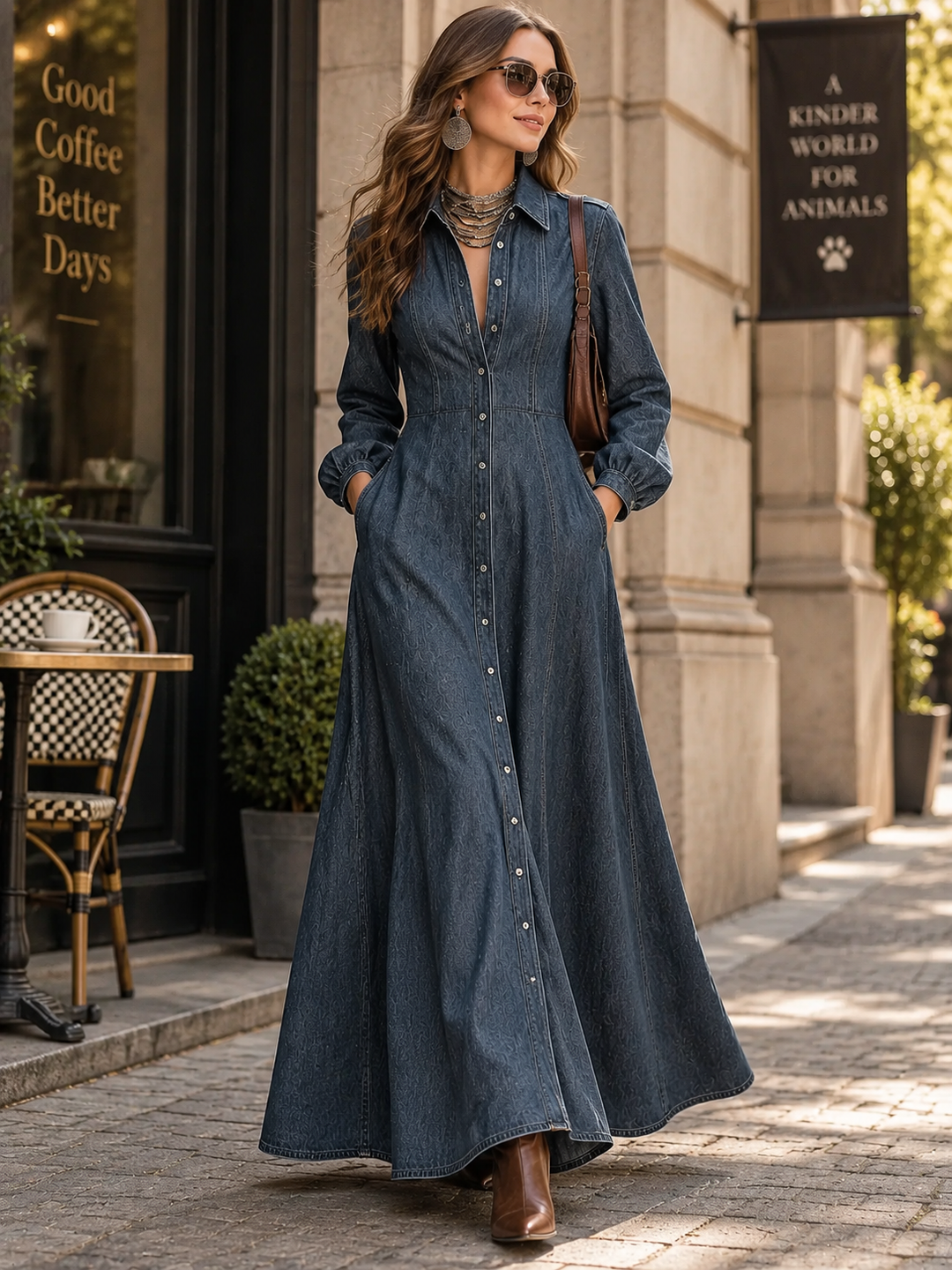 Denim Button Front Maxi Dress