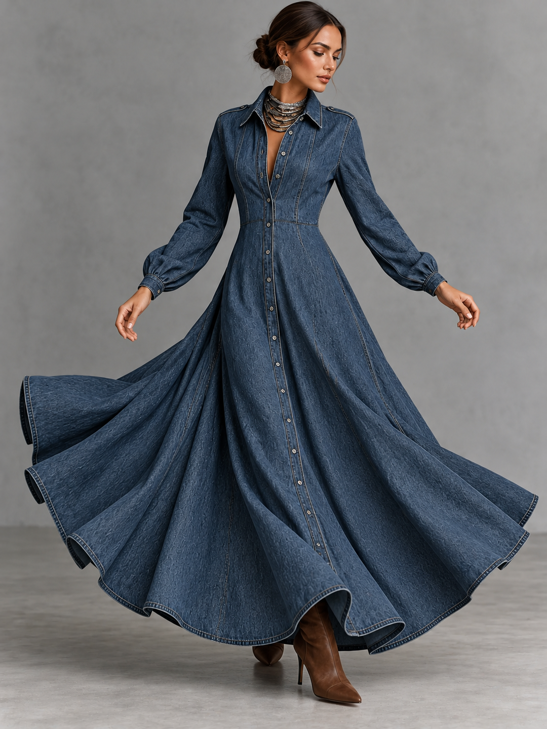Denim Button Front Maxi Dress