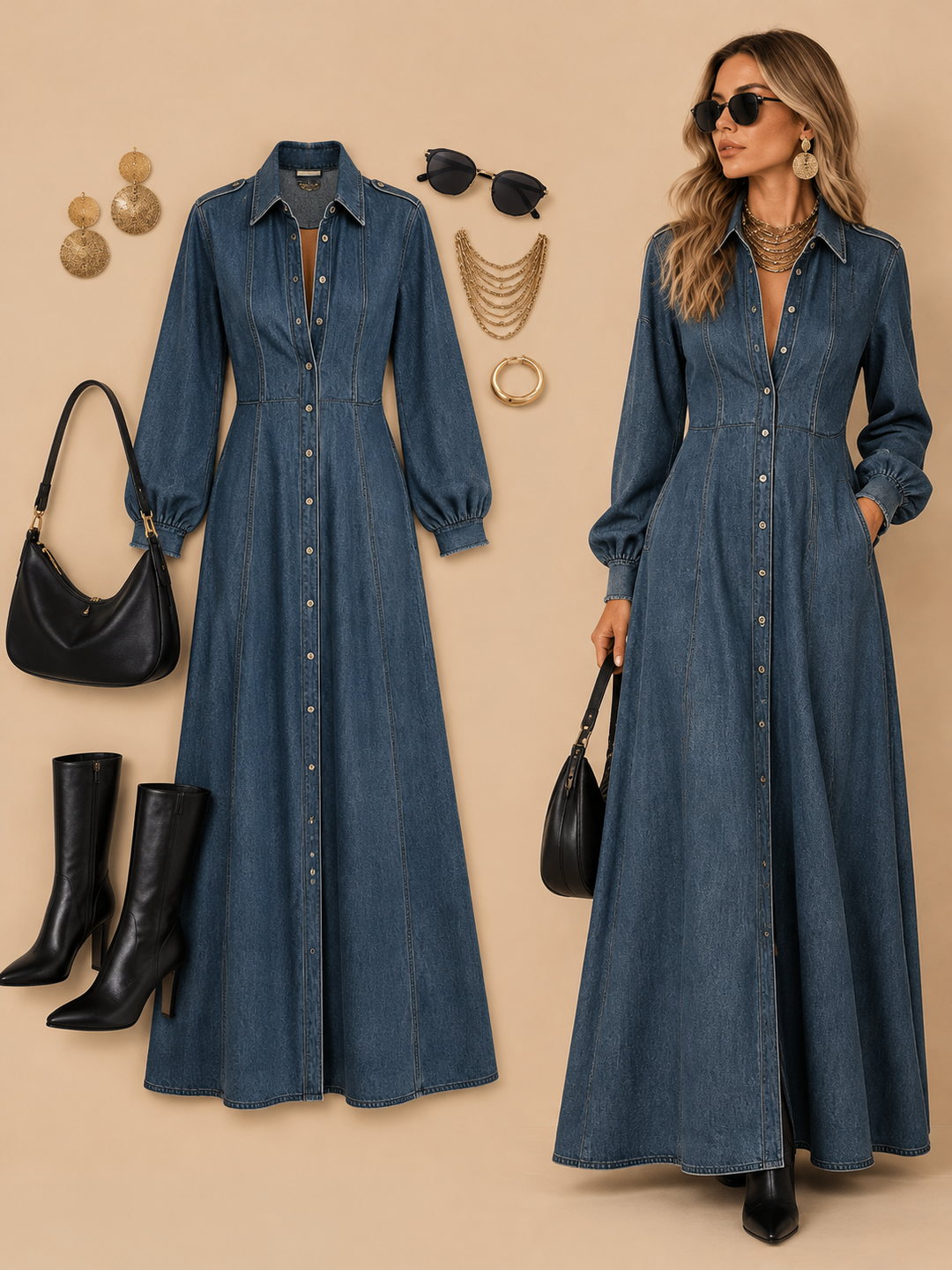 Denim Button Front Maxi Dress