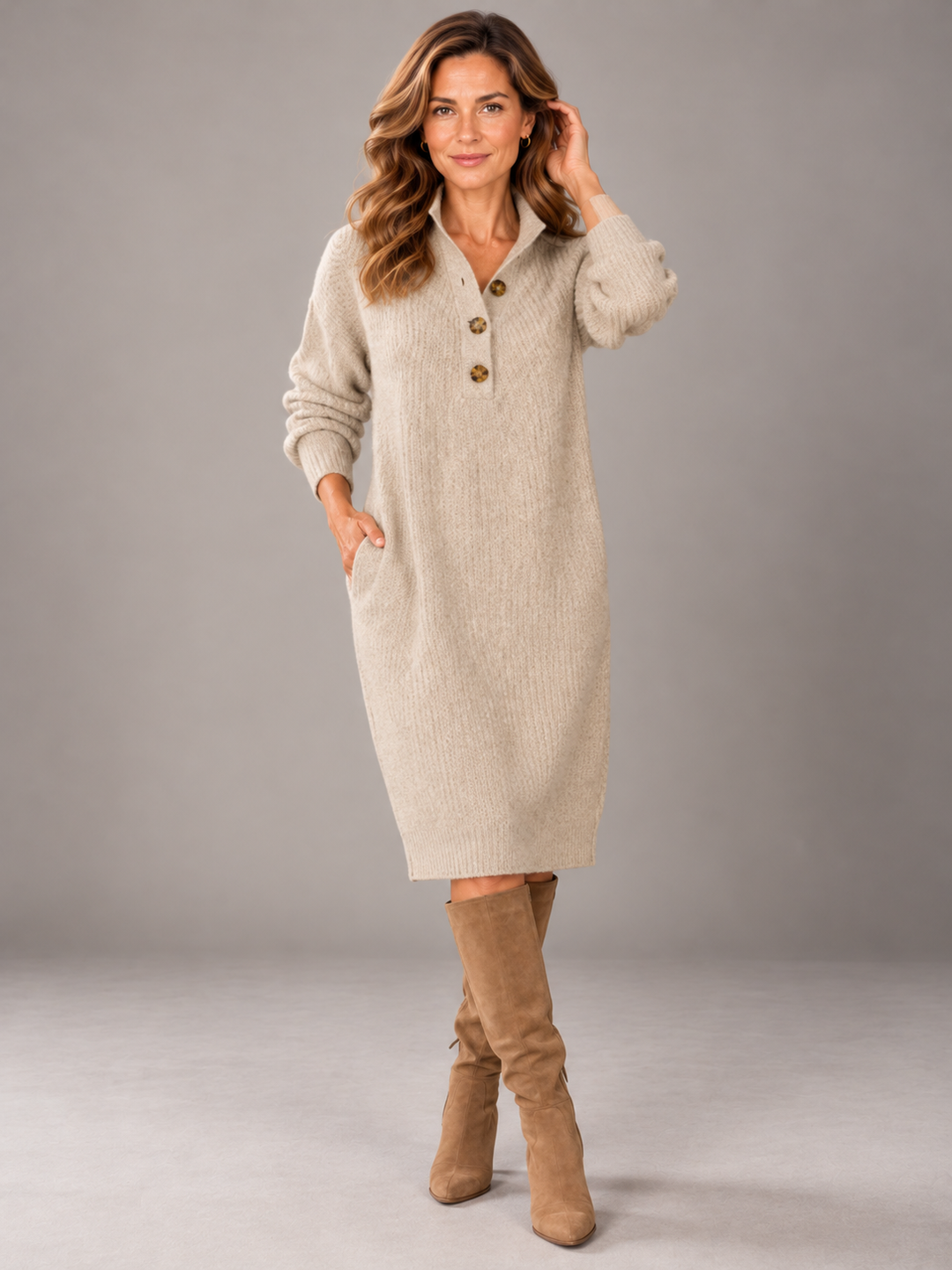 AMBER | BUTTON COLLAR KNIT DRESS