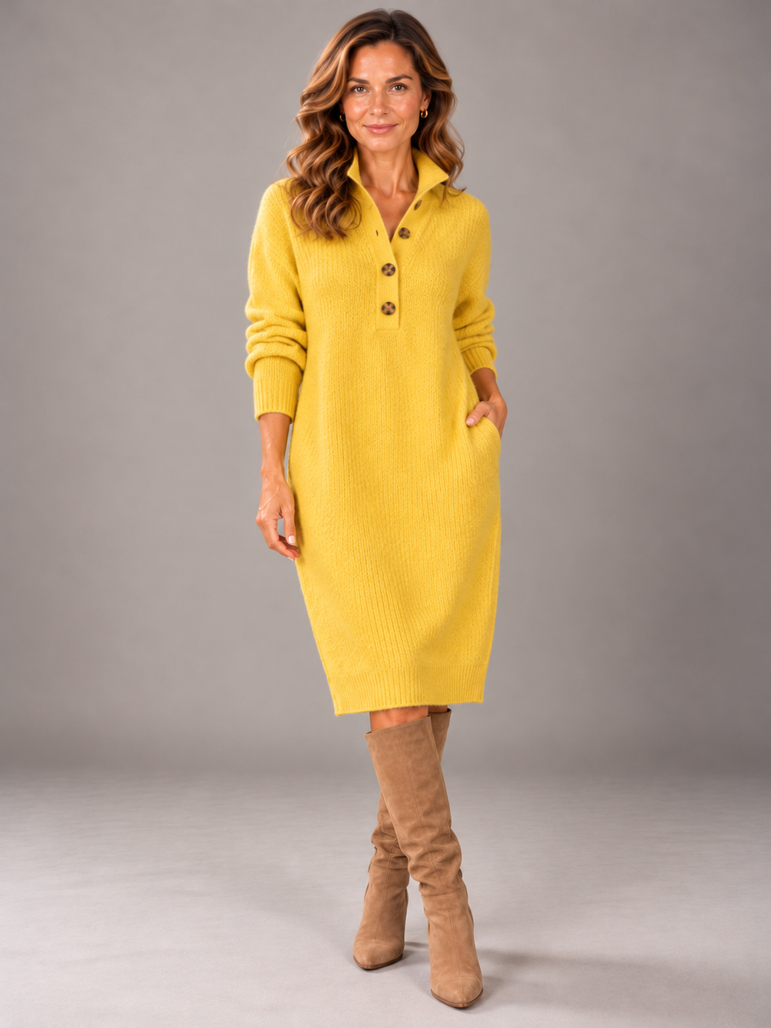 AMBER | BUTTON COLLAR KNIT DRESS