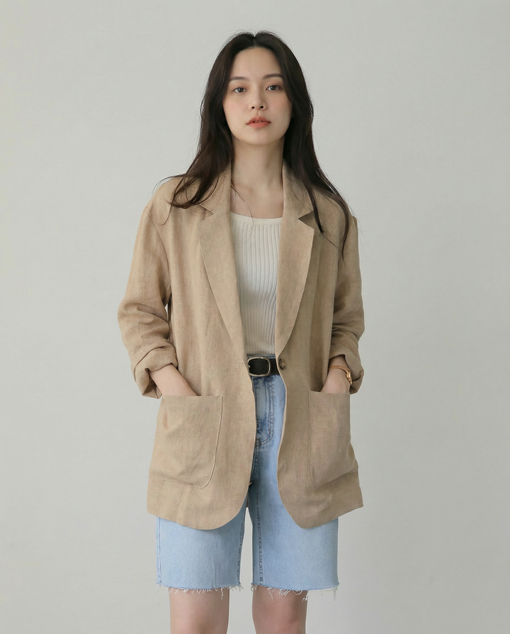 Korean Herringbone Blazer – Casual Loose Fit for Spring &amp; Summer