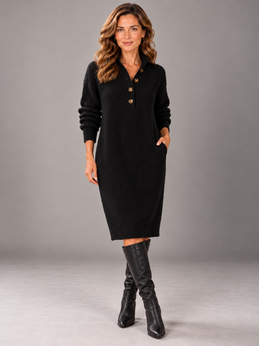 AMBER | BUTTON COLLAR KNIT DRESS
