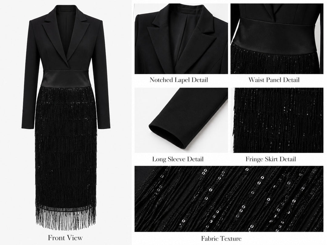 Loredana | Black Sequin &amp; Fringe Blazer-Style Midi Dress