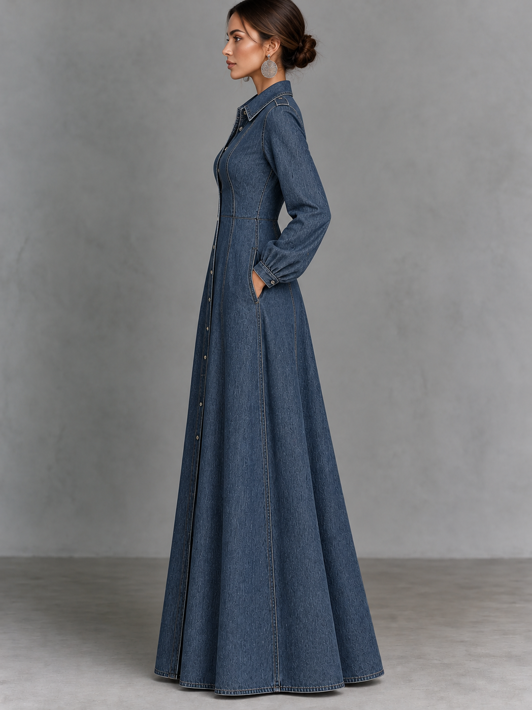 Denim Button Front Maxi Dress