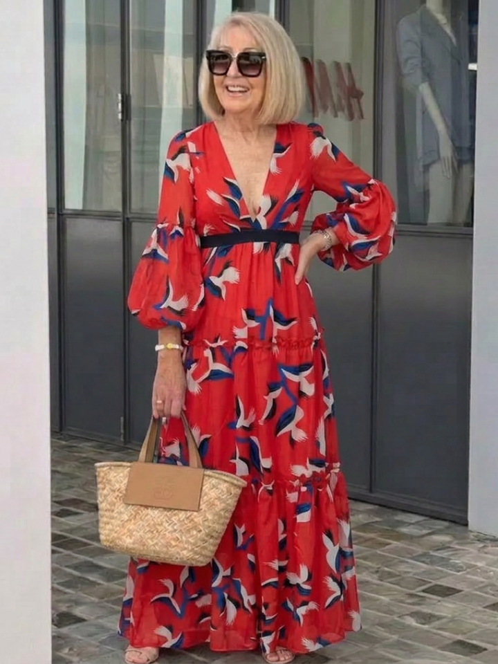 Isolde | V Neck Tie Waist Long Sleeve Maxi Dress