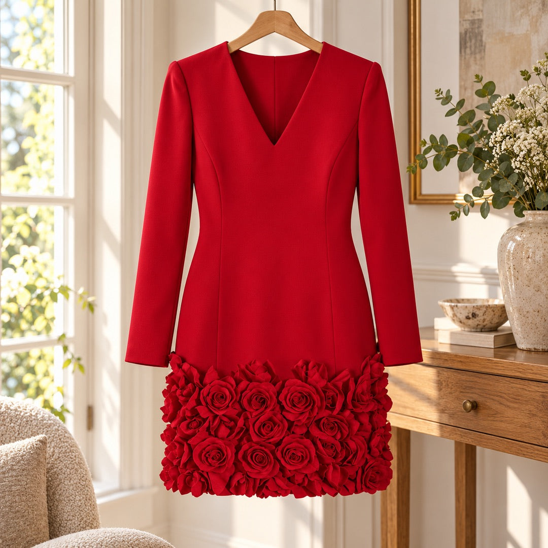 Glenys | Long Sleeve Dress with Rose Hem